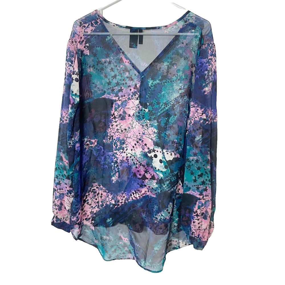 Bisou Bisou Long Sleeve Sheer Tunic Blouse Blue XL High Low‎ Hem Ruffle V-neck
